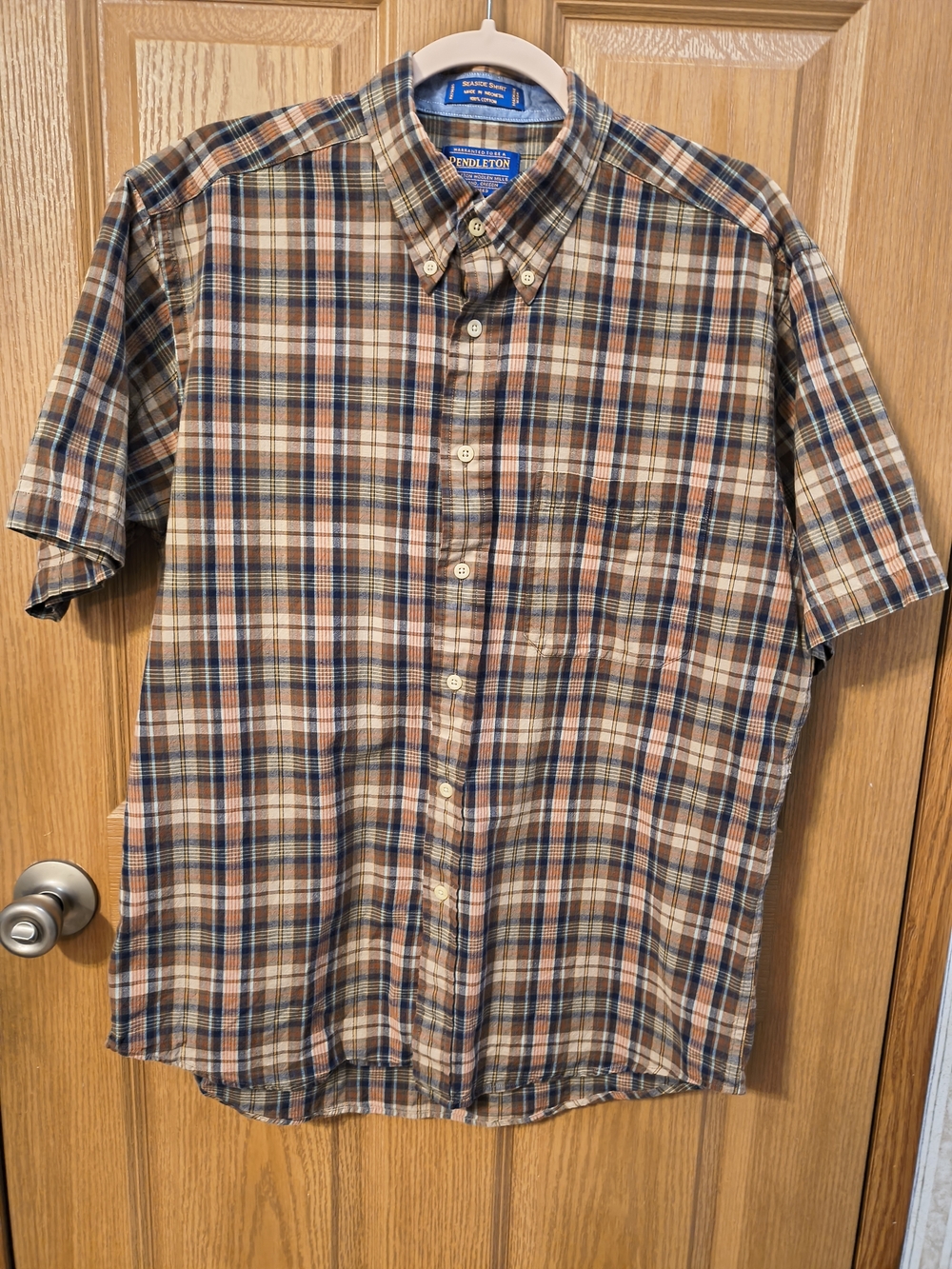 Pendleton Short-Sleeve Plaid Button-Down Shirt in Brown and Blue